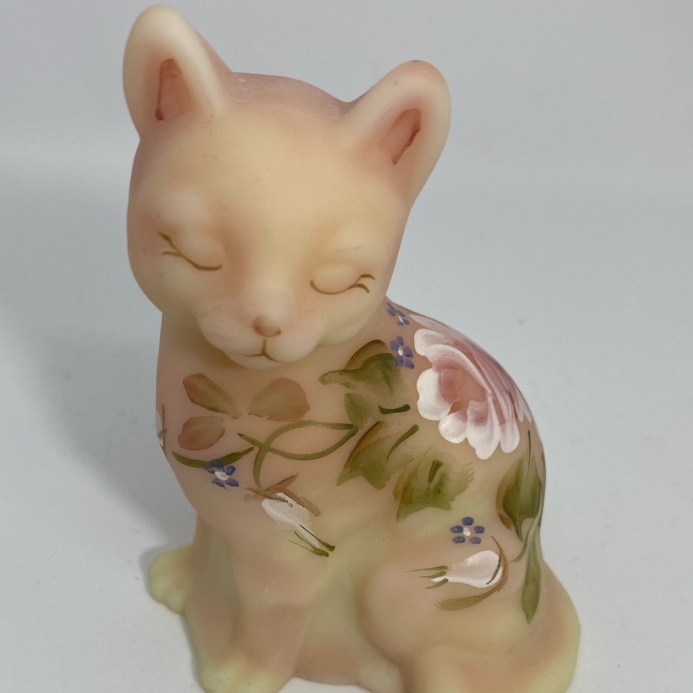 Fenton Frosted Beige Glass Cat Figurine With Hand Painted Floral Designs